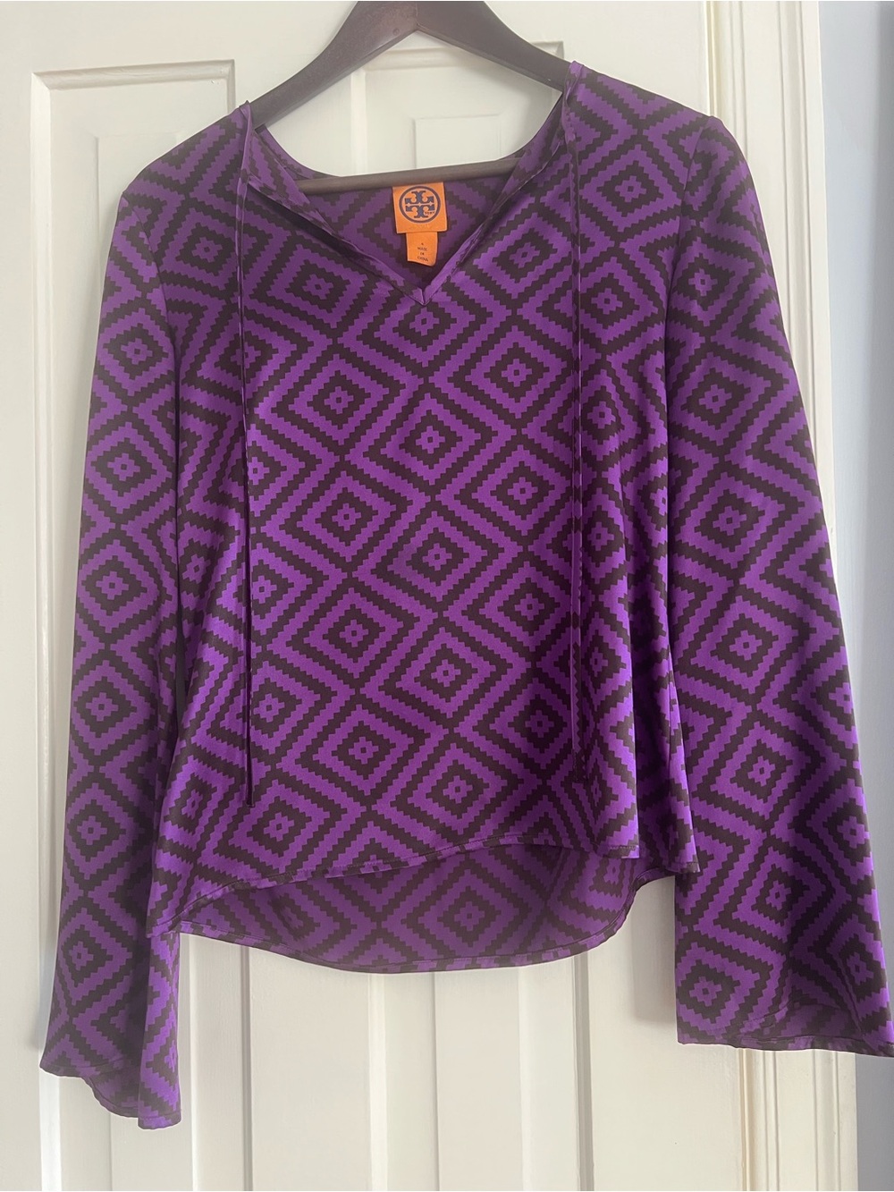 Tory Burch Purple and Black Geometric Long-Sleeve V-Neck Top